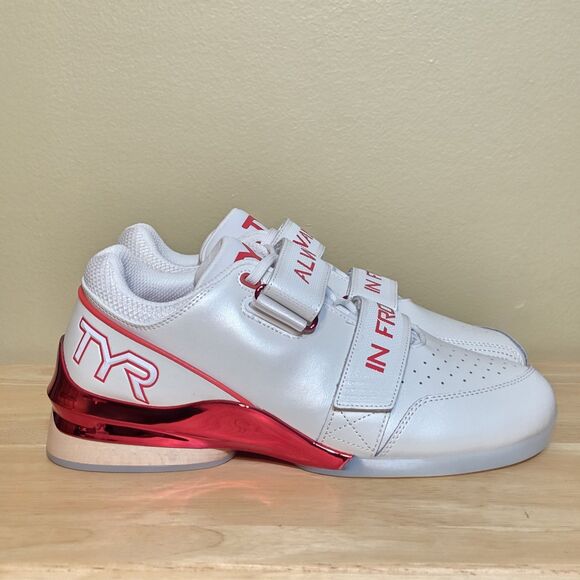TYR TYRFORCE Elite Carbon Weightlifting Shoes White Red Wood Heel Men's 8.5